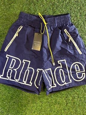 Rhude Navy Swim Shorts with Yellow Drawcord